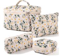 Abbylike 4 Pcs Quilted Floral Cosmetic Bags for Women Included Makeup Bag Rectangular Storage Pouch Sanitary Pad Organizer and Toiletry Bag for Travel and Daily Use, Beige