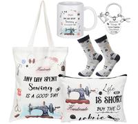Abbylike 5 Pcs Sewing Gifts for Seamstress Women Canvas Bag Cosmetic Bag Quilting Coffee Mug Socks 11 oz Quilter Keychain Funny Gifts for Quilters Sewing Lovers