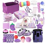 Abbylike 50 Pcs Puppy Supplies Starter Kit for Small Dogs Puppy Essentials Includes Leash, Bowls, Teeth Brushes, Water Bottle, and More Accessories for Dogs Pet Day Welcome Gift(Purple)