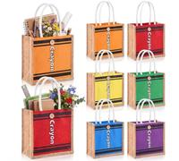 Abbylike 6 Pcs Back to School Burlap Gifts Bags Crayon Teacher Appreciation Gift Bag with Handle Button Reusable Jute Goodie Tote for First Day of School Classroom