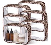 Abbylike 6 Pcs Clear Makeup Bags Bulk PU Leather Cosmetic Pouches Transparent Toiletry Bags with Zipper Waterproof Purse Skincare Car Organizer for Girl Women Travel Gifts, Leopard print
