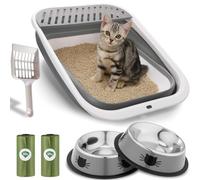 Abbylike 6 Pcs Foldable Cat Litter Box Kitten Litter Box Starter Kit 1 Large Height Adjustable Anti Splash Open Top Kitty Pan Easy to Clean with 1 Scoop 2 Stainless Steel Cat Bowl 2 Garbage Bag, Gray