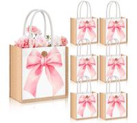 Abbylike 6 Pcs Wildflower Gift Bag Mini Floral Cielito Lindo Leopard Burlap Tote with Handle Button for Christmas Wedding Bridal Party Favor (Bow,Pink)