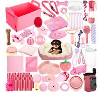 Abbylike 75 Pcs Puppy Supplies Starter Kit for Small Dogs New Puppy Essentials Starter Kit Pink for School Dog Toys Includes Dog Leash, Bowl, Brushes, Water Bottles, Christmas Welcome Home Gift