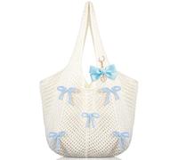 Abbylike Bow Beach Bag Coquette Bow Tote Bag for Women with Charm Cute Crochet Tote Summer Boho Mesh Knitted Shoulder Handbag, Blue