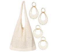Abbylike Crochet Beach Bag for Women Summer Beach Totes Bag Women Crochet Purses with 2 Pairs Rattan Earrings for Vacation, White, Gold, 11.8 x 15.5 inches
