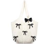 Abbylike Cute Crochet Tote Beach Bag for Women Bow Tote Bag with Bow Charm Boho Mesh Knitted Shoulder Handbag for Summer, Black