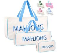 Abbylike Empty Mahjong Bag Set for Tiles and Racks Carry Bag for Mahjong Tiles with 4 Storage Compartments Tote Pouch or Mat Card Pusher Card Game Storage Gifts Accessories(White and Blue)