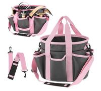 Abbylike Grooming Tote Bag for Horses Organize Tack Tools Equestrian Grooming Kit Care Portable with Multiple Pockets with 7 Pockets for Supplies(Stylish,10.63 x 10.63 x 9.45 Inches,Grey and Pink)