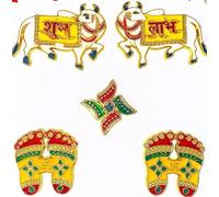 ABC Acrylic Shubh Labh on Cow, Laxmi's Feet (Charan Paduka), Swastik Set for Wall & Door Decoration, Diwali Door Entrance Floor Decoration Stickers (5 Pieces)