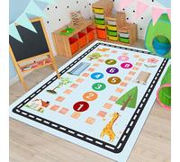 ABC Alphabet Area Rug, 180x300cm Cute Puppy Flower Giraffe Animal Print Rug, Tall Buildings Trees Numbers Pattern Learning Soft Carpet, Low-Pile Cartoon Rugs for Living Rooms Bedrooms - Light Blue