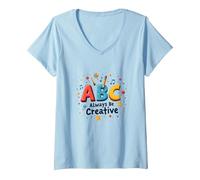 ABC Always Be Creative: Playful Learning Inspiration V-Neck T-Shirt, Women, Baby Blue, L