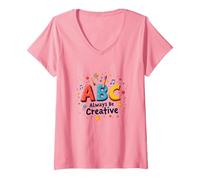 ABC Always Be Creative: Playful Learning Inspiration V-Neck T-Shirt, Women, Pink, XXL