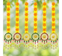 ABC Artificial Marigold Fluffy Flowers with Ring Bell Hanging Latkan Toran For Home, Festival, Wedding, Temple Pooja Room Decoration (Pack of 6)