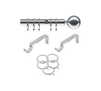 ABC Decor Curtain Pole, Trade Pole, Single 1 Piece pole, Ball Finials, with rings, 200 cm, Chrome