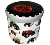 ABC Décor Faux Leather Round Storage Box with removable Padded lid/Toy Box/Pouffe Stool/Foot Stool, Monster Trucks
