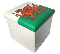 ABC Décor Faux Leather Square Storage Box with Padded lid/Toy Box/Pouffe Stool/Foot Stool, Wales Red Dragon