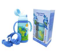 ABC KIDS UK - Double Walled Vacuum Insulated Water Bottle Flask with Straw, Handles and Strap All in One, Stainless Steel Thermo, Leak-Proof, BPA-Free, 12.8oz(380ml) - (Dinosaur Blue)