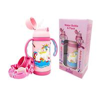 ABC KIDS UK - Double Walled Vacuum Insulated Water Bottle Flask with Straw, Handles and Strap All in One, Stainless Steel Thermo, Leak-Proof, BPA-Free, 12.8oz(380ml) - (Unicorn Pink)
