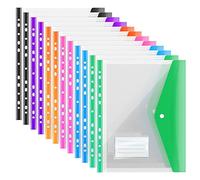ABC life Pack of 12 A4 Plastic Expanding Punched File Folders Pockets with Press Stud Closure and Label Pouch, 6 Colours