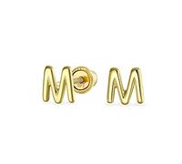 ABC Minimalist Real Yellow 14K Gold Capital Block Alphabet Letter Initial M Stud Earrings Safety Ball Screw Back For Teen For Women
