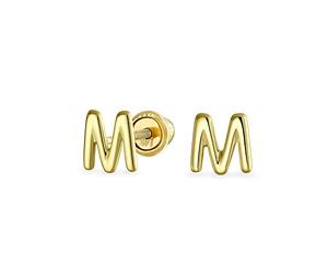 ABC Minimalist Real Yellow 14K Gold Capital Block Alphabet Letter Initial M Stud Earrings Safety Ball Screw Back For Teen For Women