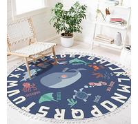 ABC Ocean Theme Round Rug - Boho Alphabet Whale Area Carpet for Boys Girls Bedroom Nursery Playroom - 4ft Linen Cotton Washable Neutral Accent Hallway Runner Mat