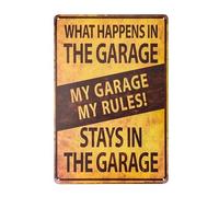 ABCDEFG - Garage Sign - shabby chic Retro My Garage My Rules What Happens in the Garage Metal Novelty Sign - Bar Signs for Home Bar - Man Cave Sign | Metal Signs Vintage UK | Metal Wall Signs