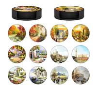 ABCHCHS Coasters Set of 12- Famous Buildings and Landscapes Style - PU Leather Coasters for Drinks with Holder