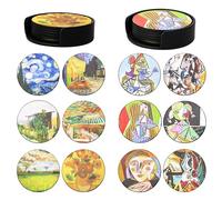 ABCHCHS Coasters Set of 12- Van Gogh and Pablo Picasso Style - PU Leather Coasters for Drinks with Holder