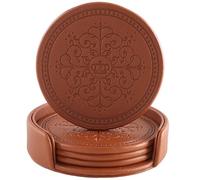 ABCHCHS Coasters Set of 4 - PU Leather Coasters for Drinks with Holder - Brown Handmade Round Drinks Set for Home Decor and Housewarming Gift