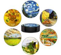 ABCHCHS Coasters Set of 6 - Van Gogh Style PU Leather Coasters for Drinks with Holder