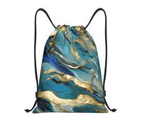 abcklkd Azurite Teal and Foil Gold Oil Marble Pattern Print Portable Waterproof Gym Sack Foldable Drawstring Backpack Sports Travel for Men Women