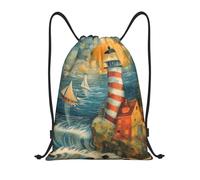 abcklkd The Seaside Lighthouse Print Portable Waterproof Gym Sack Foldable Drawstring Backpack Sports Travel for Men Women