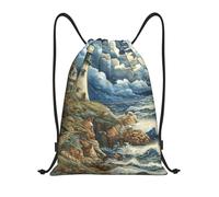 abcklkd The Seaside Lighthouse Print Portable Waterproof Gym Sack Foldable Drawstring Backpack Sports Travel for Men Women
