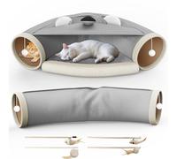 Abdtech Cat Tunnel Bed - Indoor Cat Hideaway, Detachable Cat Tunnel and Washable Cushion, Four Cat-Teasing Sticks, 2 Hanging Toys, Blackout Cloth, Kitten, Puppy and Pets(Gray and White)