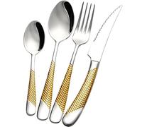 ABE Signature Cutlery Set, Stainless Steel, for 1 Person, Stainless Steel, Silver, Gold, 2-in-1 Steak Knives, Dishwasher Safe (Silver/Gold, 4)