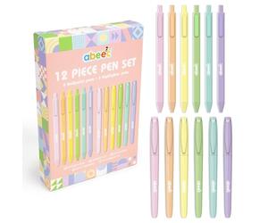 Abeec 12-Pack Set: 6 Black Ink Ballpoints & 6 Pastel Highlighters, Ideal School Stationery for Teachers and Students