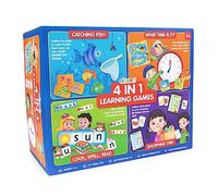 Abeec 4-in-1 Learning Games - What Time Is It, Shopping List, Look Spell Read & Catching Fish - Toddler Games