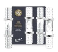 abeec Deluxe Christmas Crackers Silver & White - 10 x 14" Recyclable Crackers with Quiz Card, Party Hat & Deluxe Gift - Elegant Silver Table Decoration for Festive Dining