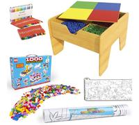 abeec Ultimate Kids Activity Bundle - Includes 1000pc Building Blocks Set, 36 Assorted Crayons, Animal Colouring Roll, and 2-in-1 Building Block & Art Table for Creative Play