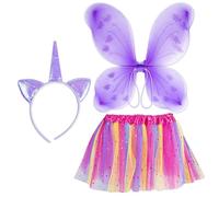 abeec Unicorn Fairy Fancy Dress up Costume with Fairy wings, Rainbow Sparkle Skirt and Unicorn Headband & Glitter Fairy wings, 3 piece fancy dress for Girls
