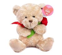abeec Valentine’s Teddy Bear with Rose 25cm Cream Plush - Romantic Soft Toy Holding Red Rose Gift for Girlfriend Partner Valentine’s Day CE Certified