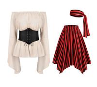 ABEHIK 4 Pcs Womens Pirate Costume Halloween Pirate Cosplay Outfits Renaissance Victorian Gothic Blouse Waist Belted Corset Tops Pirate Skirt Stripes Headscarf Pirate Dress Up Costome Apricot XL
