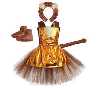 ABEHIK Kids Girls Dorothy Tin Man Lion Scarecrow Children Movie Theme Tutu Dress with Apron Headband Accessory Christmas Outfit Brown 3-4 Years