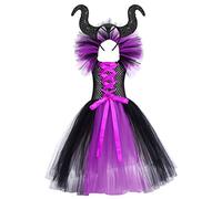 ABEHIK Kids Girls Halloween Maleficent Costume Evil Queen Dress up Costume Fancy Handmade Knitted Tulle Princess Dress with Horn Headband Christmas Carnival Witch Devil Cosplay Outfits Purple 6-7 Y
