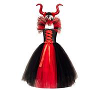 ABEHIK Kids Girls Halloween Maleficent Costume Evil Queen Dress up Costume Fancy Handmade Knitted Tulle Princess Dress with Horn Headband Christmas Carnival Witch Devil Cosplay Outfits Red 10-12 Y