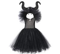 ABEHIK Kids Girls Maleficent Evil Queen Handmade Knitted Tulle Princess Dress with Horn Headband Christmas Witch Devil Outfits Black 2-3 T