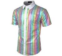 ABEHIK Men's Disco Shirt with Sequins 70s Short Sleeve Party Costume for Men Rave Shirt Theme Party Carnival, White, S