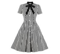 ABEHIK Women 1950s Vertical Striped Dress Halloween Costume Cosplay Outfits Vintage Buttons Tie Rockabilly Pinup Midi Dress, Black White, XXL